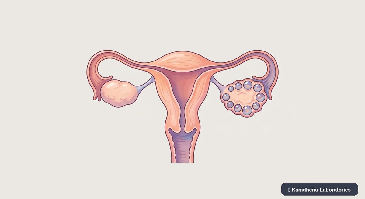 Editorial illustration representing Polycystic ovary syndrome (PCOS) for the Kamdhenu Laboratories educational wellness blog.