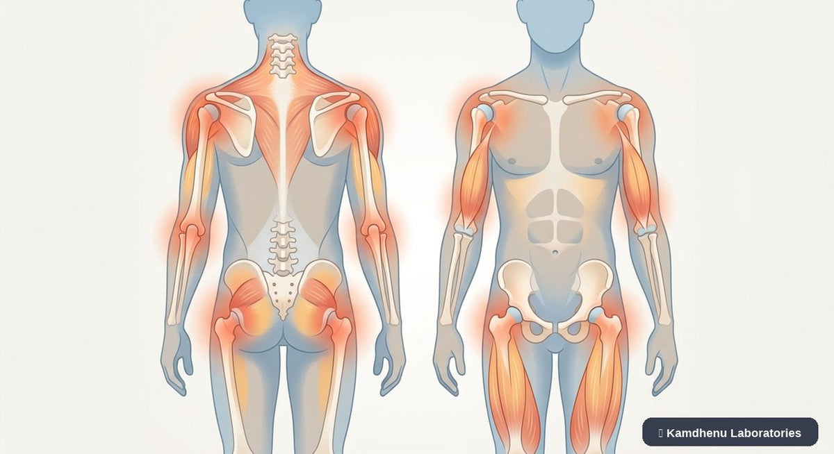 Editorial illustration representing Polymyalgia rheumatica for the Kamdhenu Laboratories educational wellness blog.
