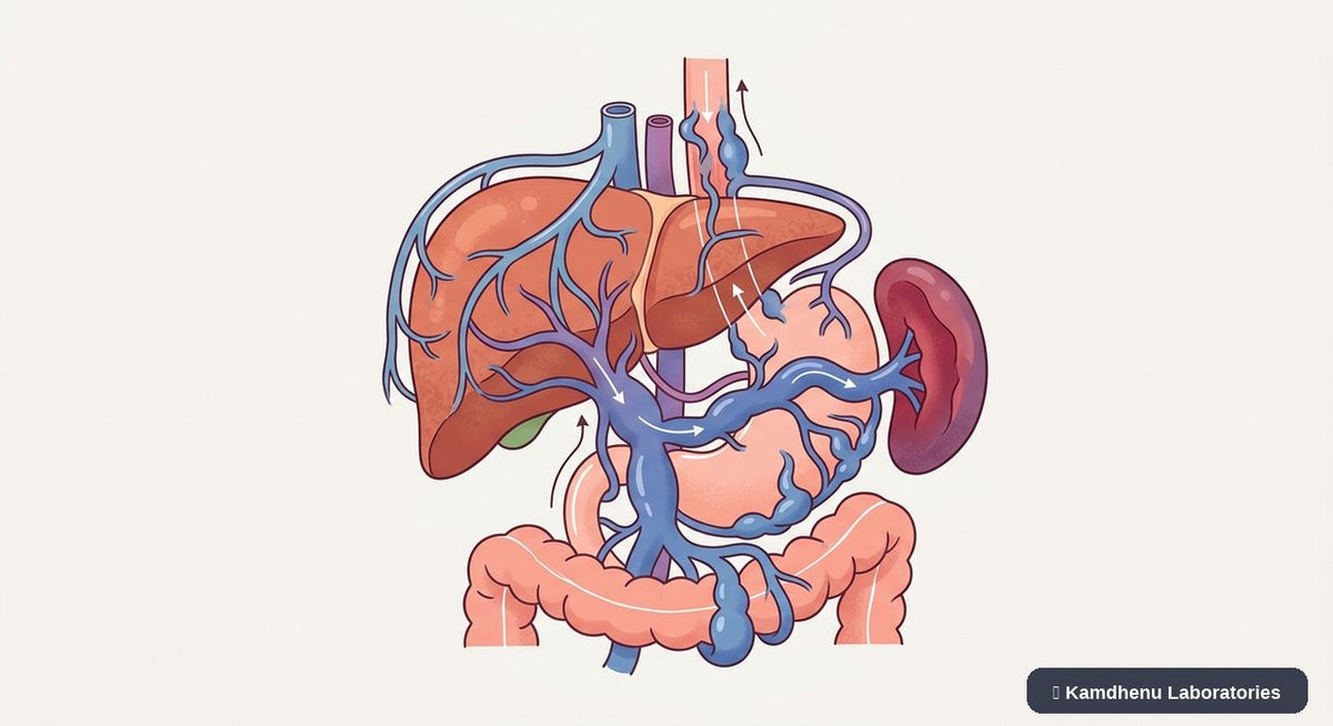 Editorial illustration representing Portal hypertension for the Kamdhenu Laboratories educational wellness blog.