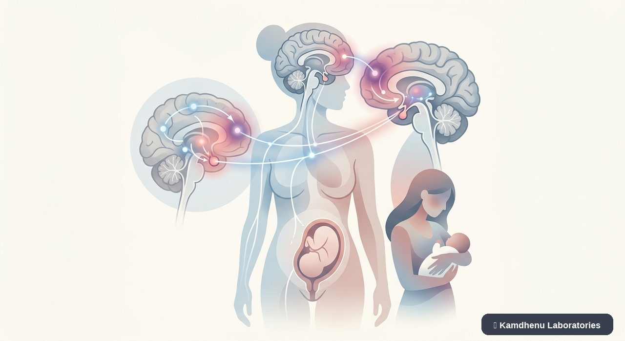 Editorial illustration representing Postpartum depression for the Kamdhenu Laboratories educational wellness blog.