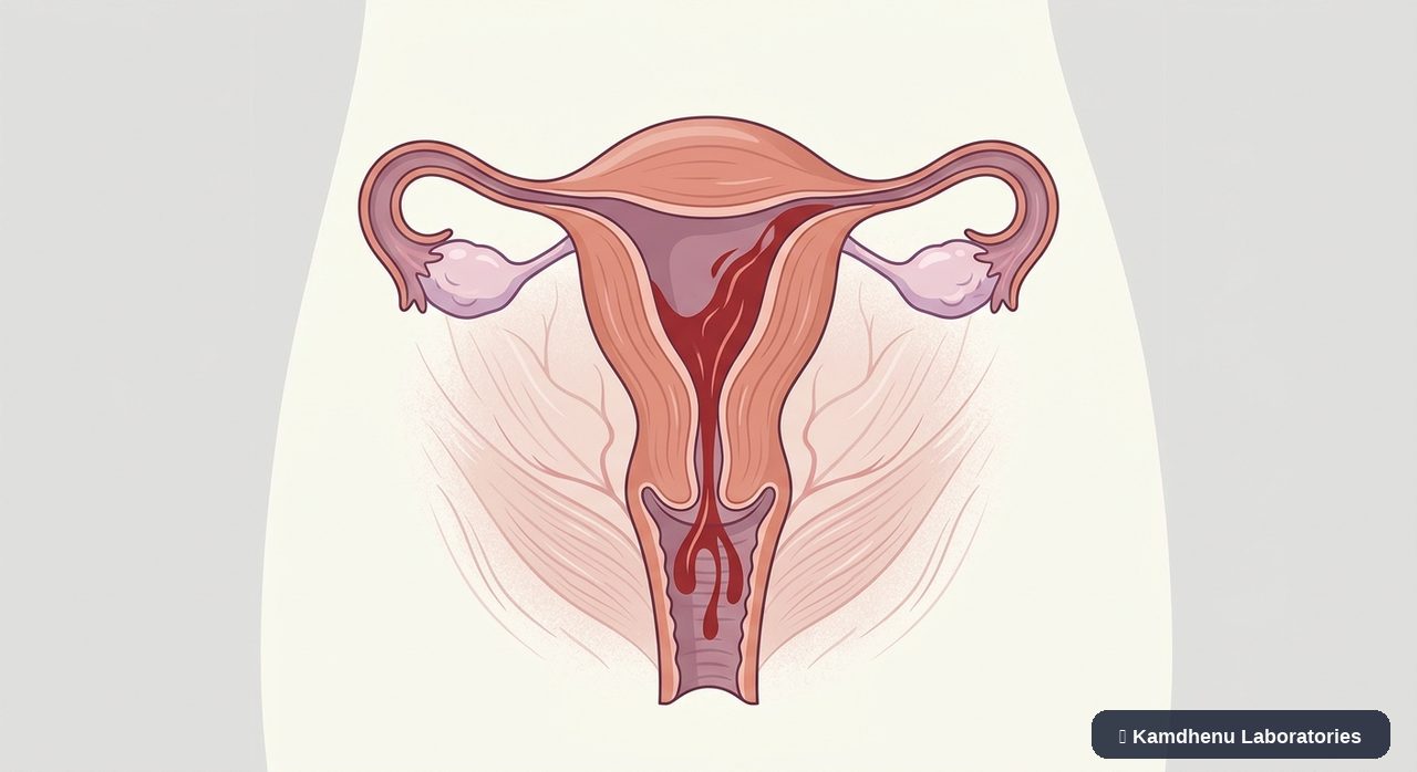 Editorial illustration representing Postpartum haemorrhage for the Kamdhenu Laboratories educational wellness blog.