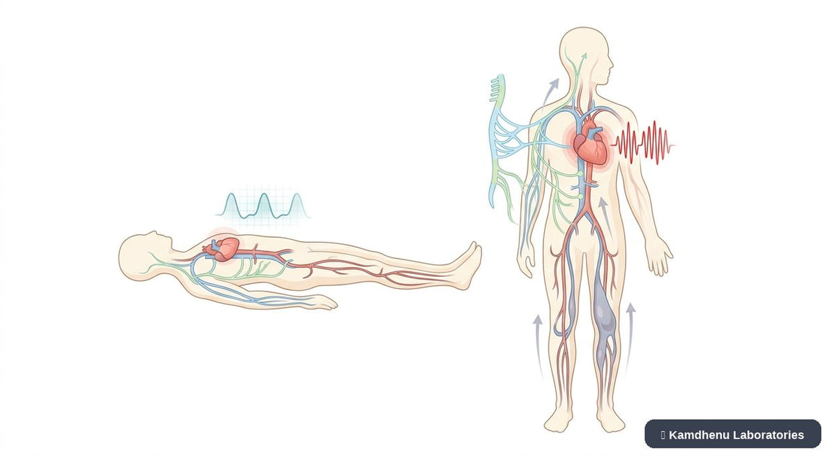 Editorial illustration representing Postural tachycardia syndrome (POTS) for the Kamdhenu Laboratories educational wellness blog.