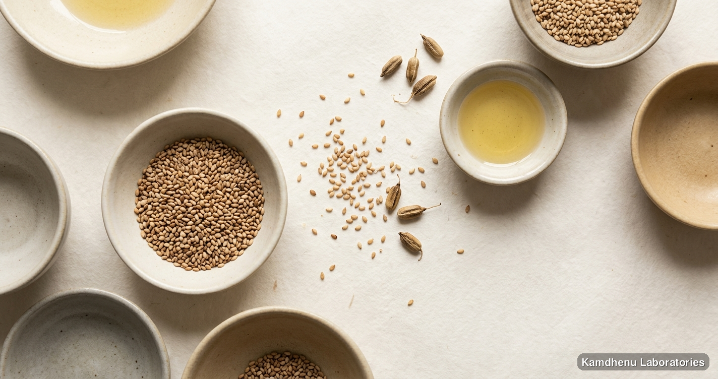 Prasarini Taila | 100 ml — Ayurvedic oil containing sesame, til. Clean product photograph on a soft light background.