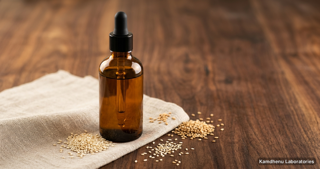 Ayurvedic oil — Prasarini Taila | 100 ml featuring sesame, til, photographed in a wellness setting
