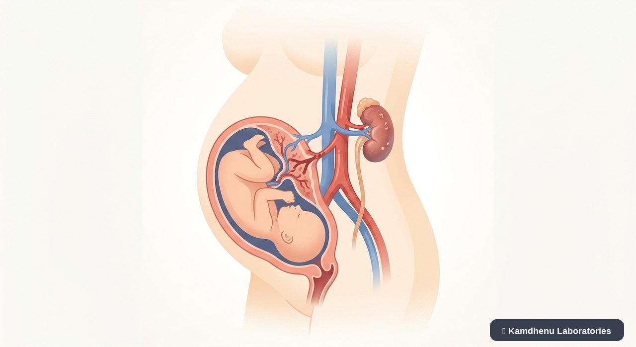 Editorial illustration representing Pre-eclampsia for the Kamdhenu Laboratories educational wellness blog.