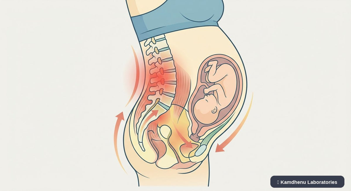 Editorial illustration representing Pregnancy-related back pain for the Kamdhenu Laboratories educational wellness blog.