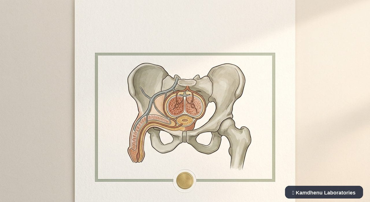 Editorial illustration representing Priapism for the Kamdhenu Laboratories educational wellness blog.