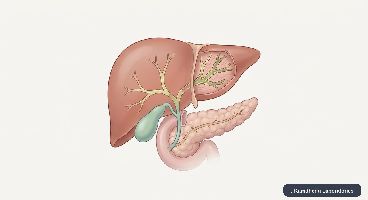 Editorial illustration representing Primary biliary cholangitis for the Kamdhenu Laboratories educational wellness blog.