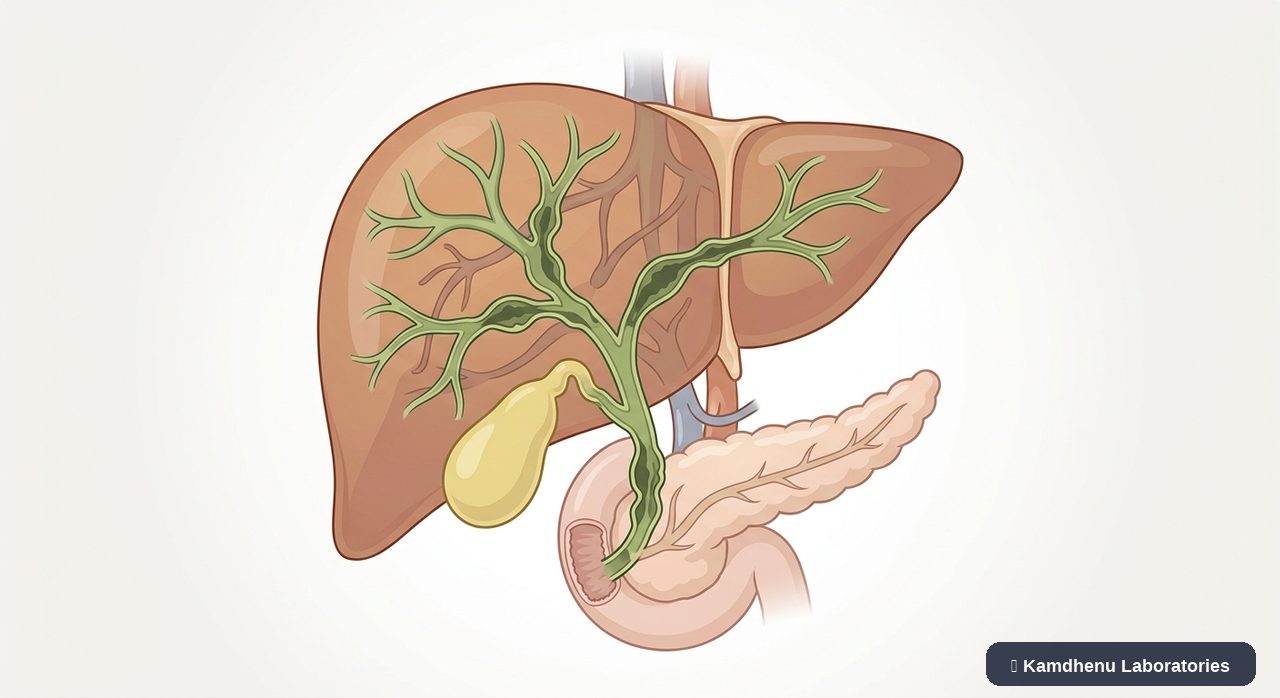 Editorial illustration representing Primary sclerosing cholangitis for the Kamdhenu Laboratories educational wellness blog.