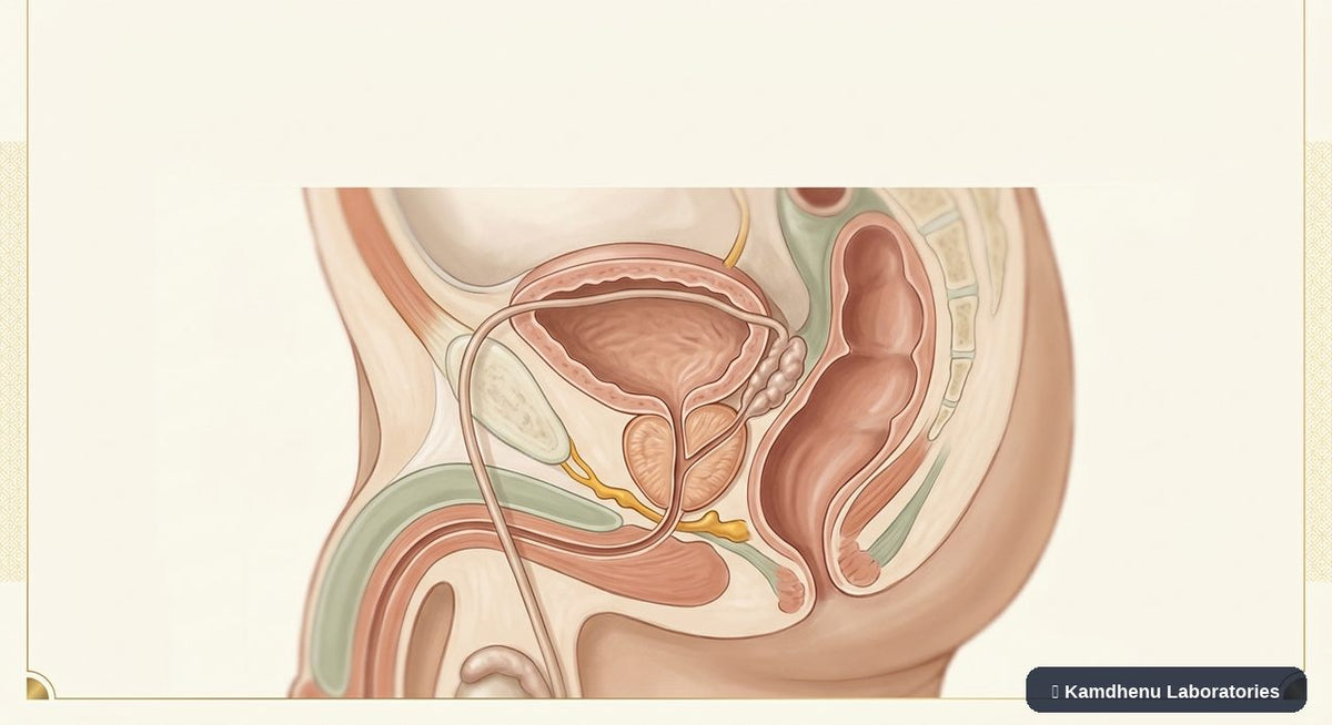 Editorial illustration representing Prostate cancer for the Kamdhenu Laboratories educational wellness blog.