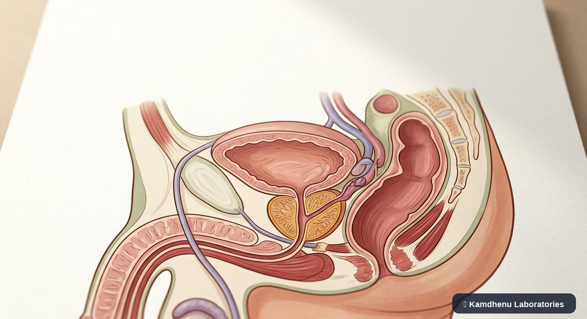 Editorial illustration representing Prostatitis for the Kamdhenu Laboratories educational wellness blog.