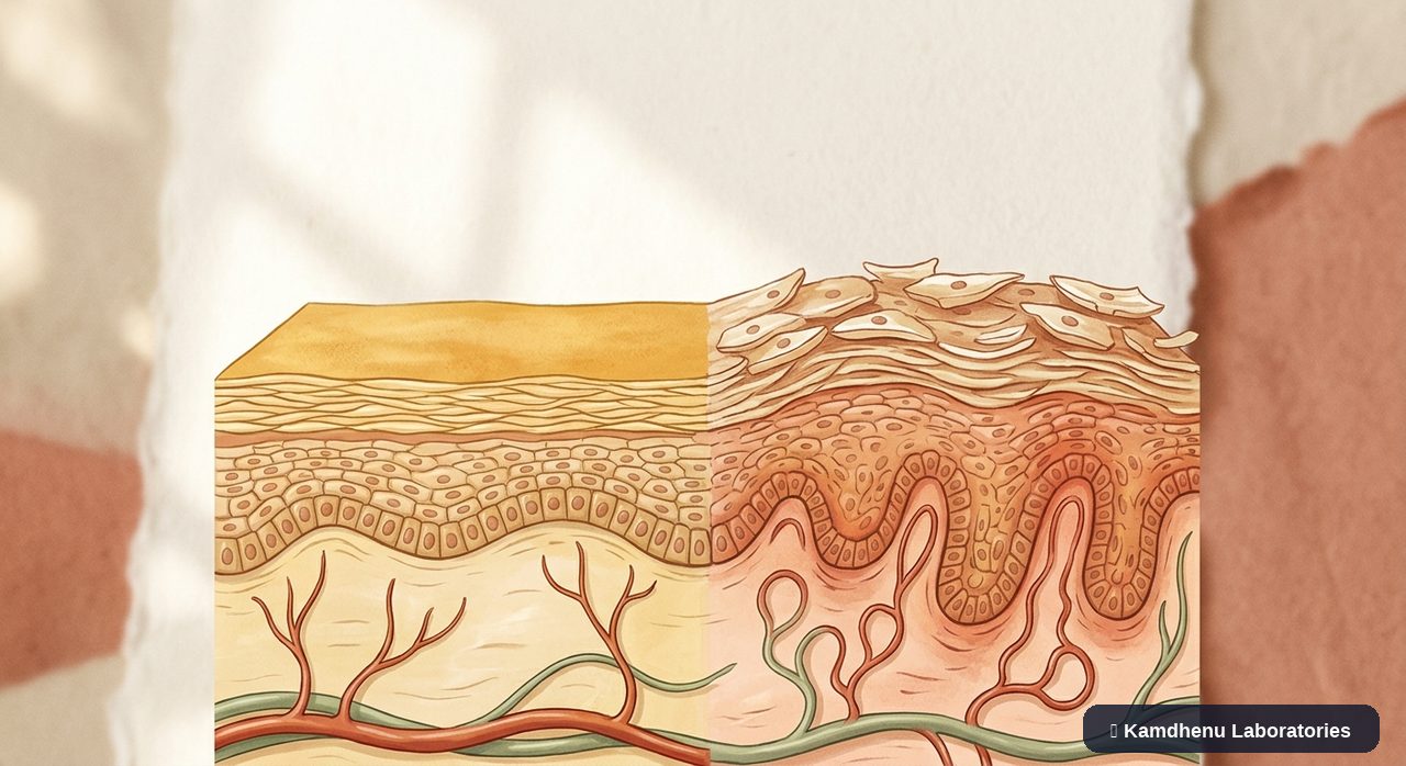 Editorial illustration representing Psoriasis for the Kamdhenu Laboratories educational wellness blog.
