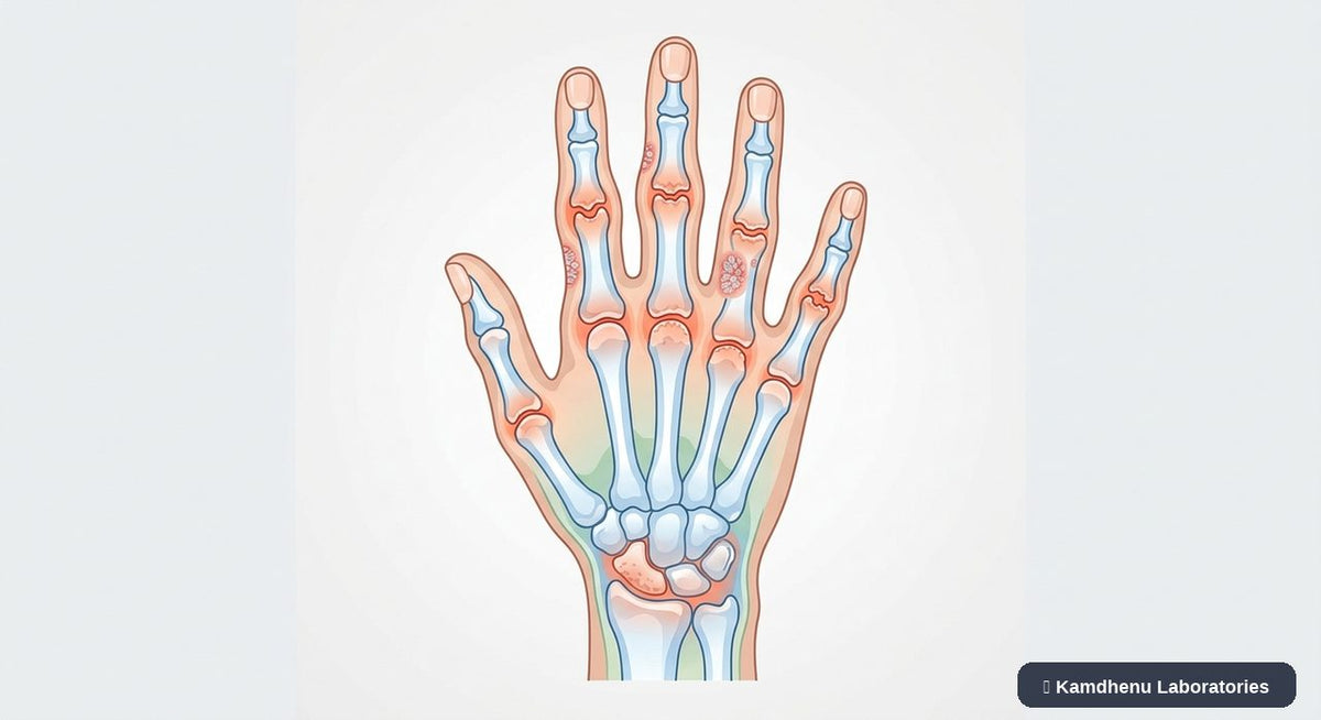 Editorial illustration representing Psoriatic arthritis for the Kamdhenu Laboratories educational wellness blog.