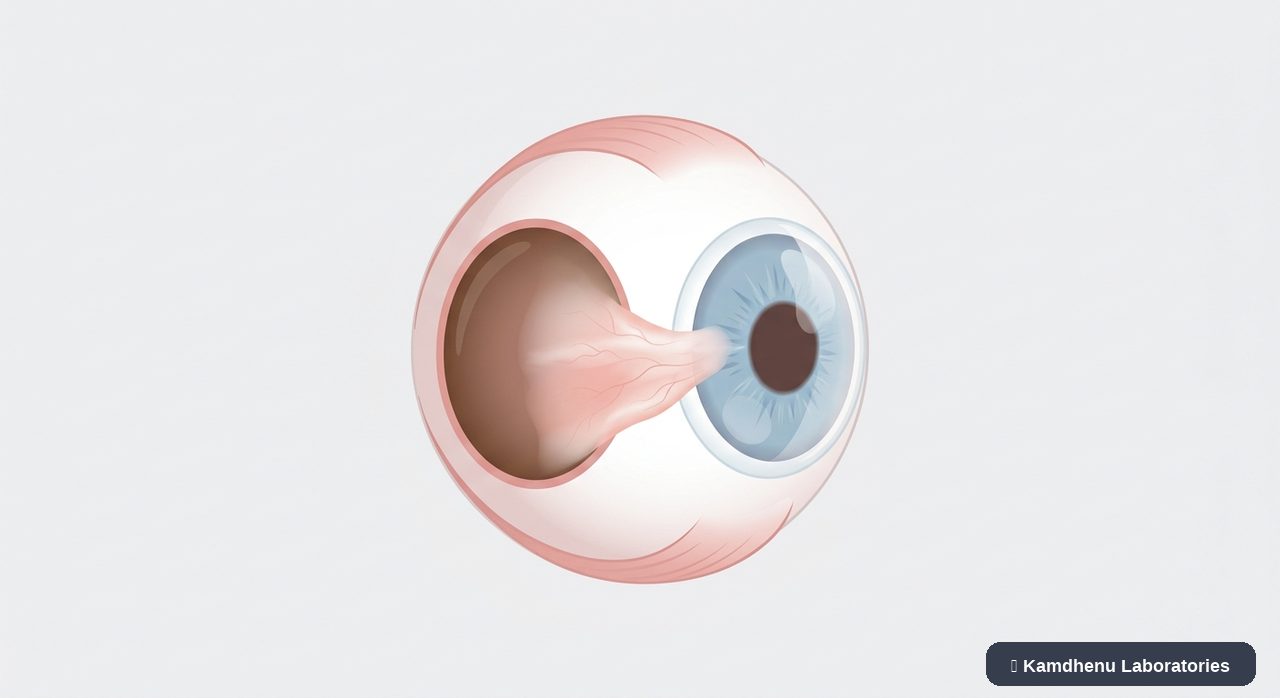 Editorial illustration representing Pterygium for the Kamdhenu Laboratories educational wellness blog.