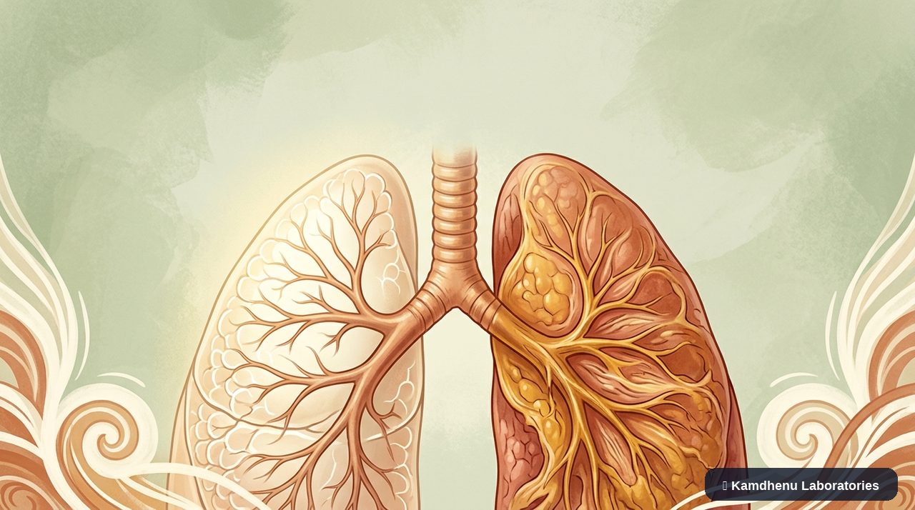 Editorial illustration representing Pulmonary fibrosis for the Kamdhenu Laboratories educational wellness blog.