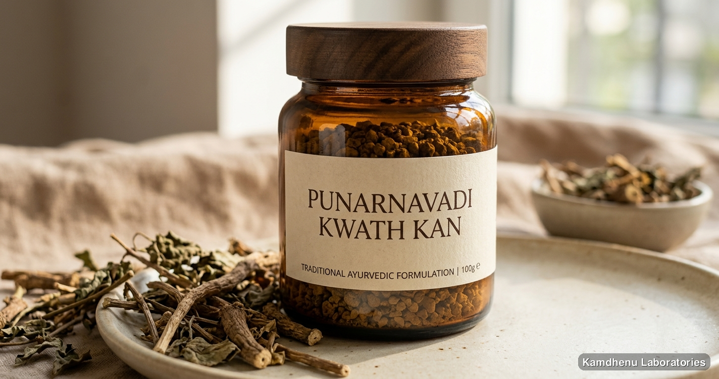 Ayurvedic product — Punarnavadi Kwath Kan | 100g featuring punarnava, photographed in a wellness setting