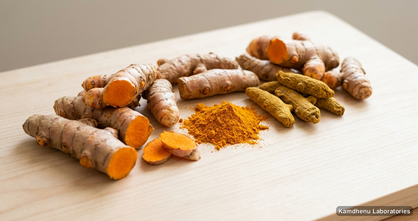 Pure Amba Haldi Powder — Ayurvedic powder containing haldi, turmeric. Clean product photograph on a soft light background.