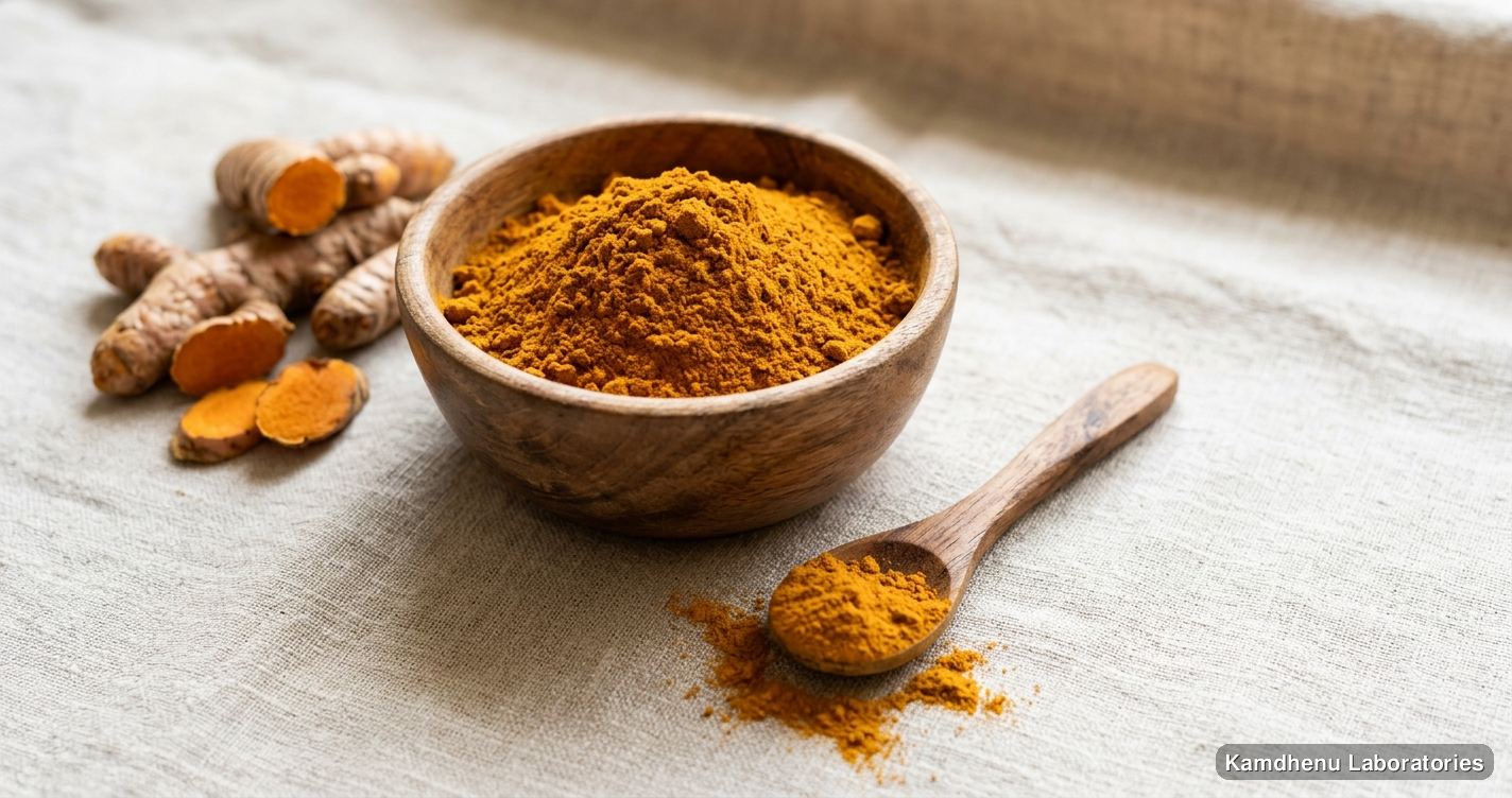 Ayurvedic powder — Pure Amba Haldi Powder featuring haldi, turmeric, photographed in a wellness setting