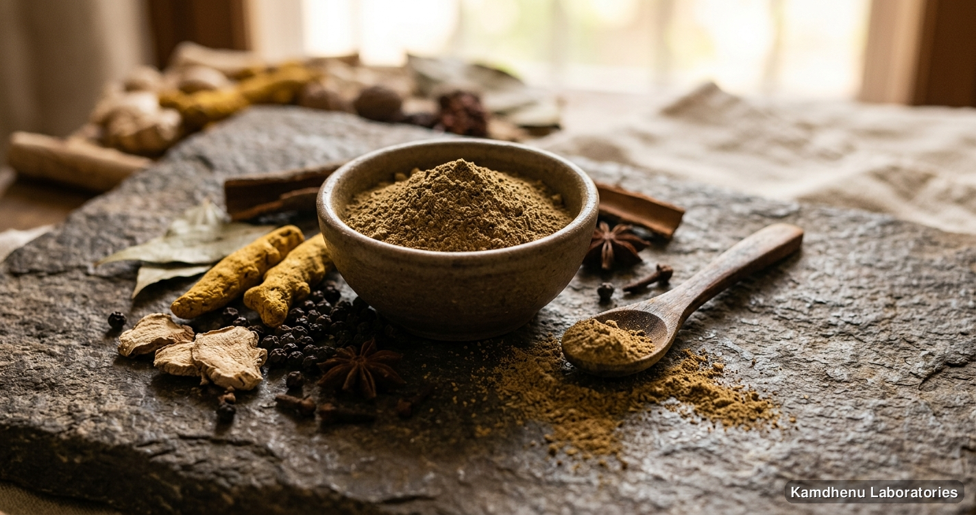 Ayurvedic powder — Pushyanug Churna, photographed in a wellness setting