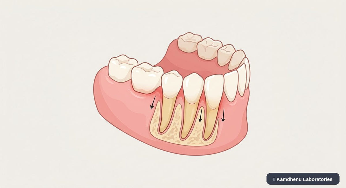Editorial illustration representing Receding gums for the Kamdhenu Laboratories educational wellness blog.