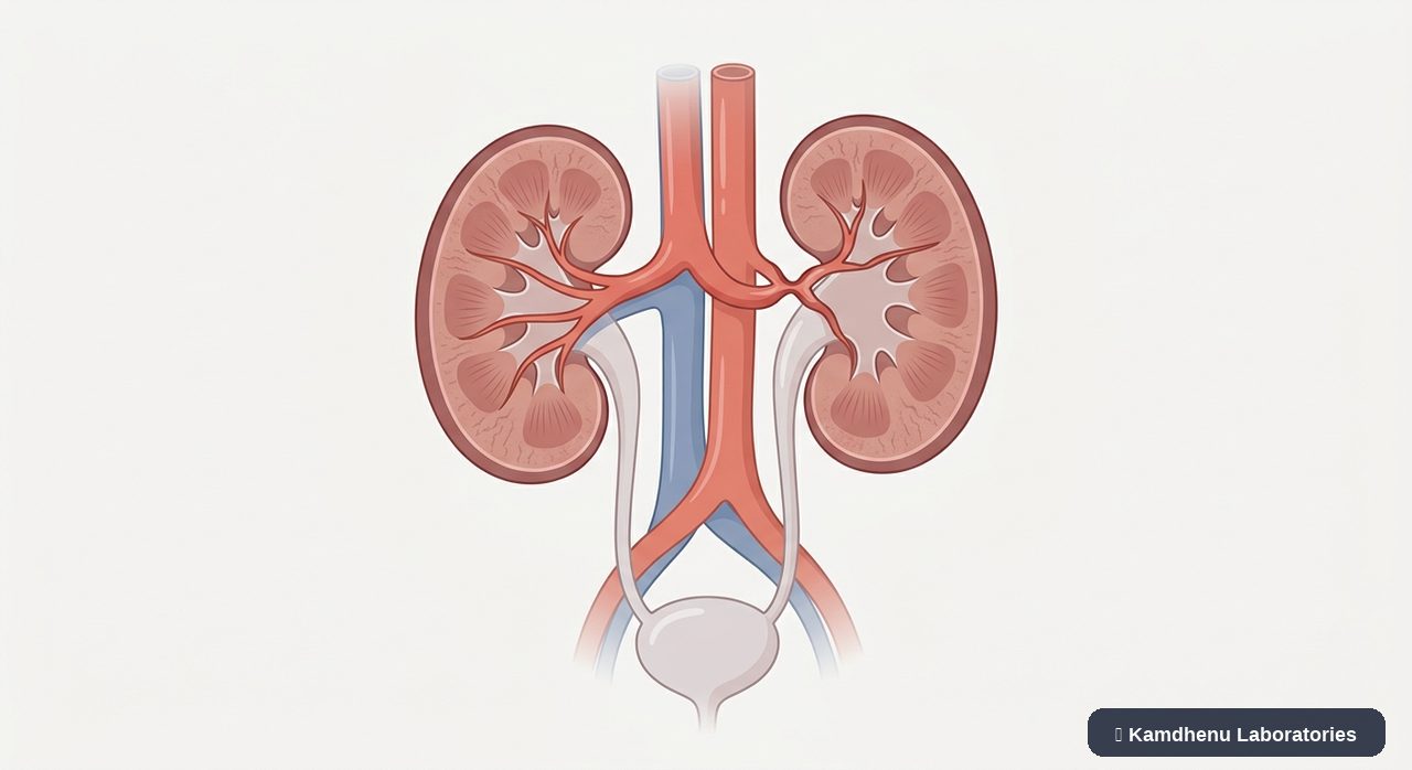 Editorial illustration representing Renal artery stenosis for the Kamdhenu Laboratories educational wellness blog.