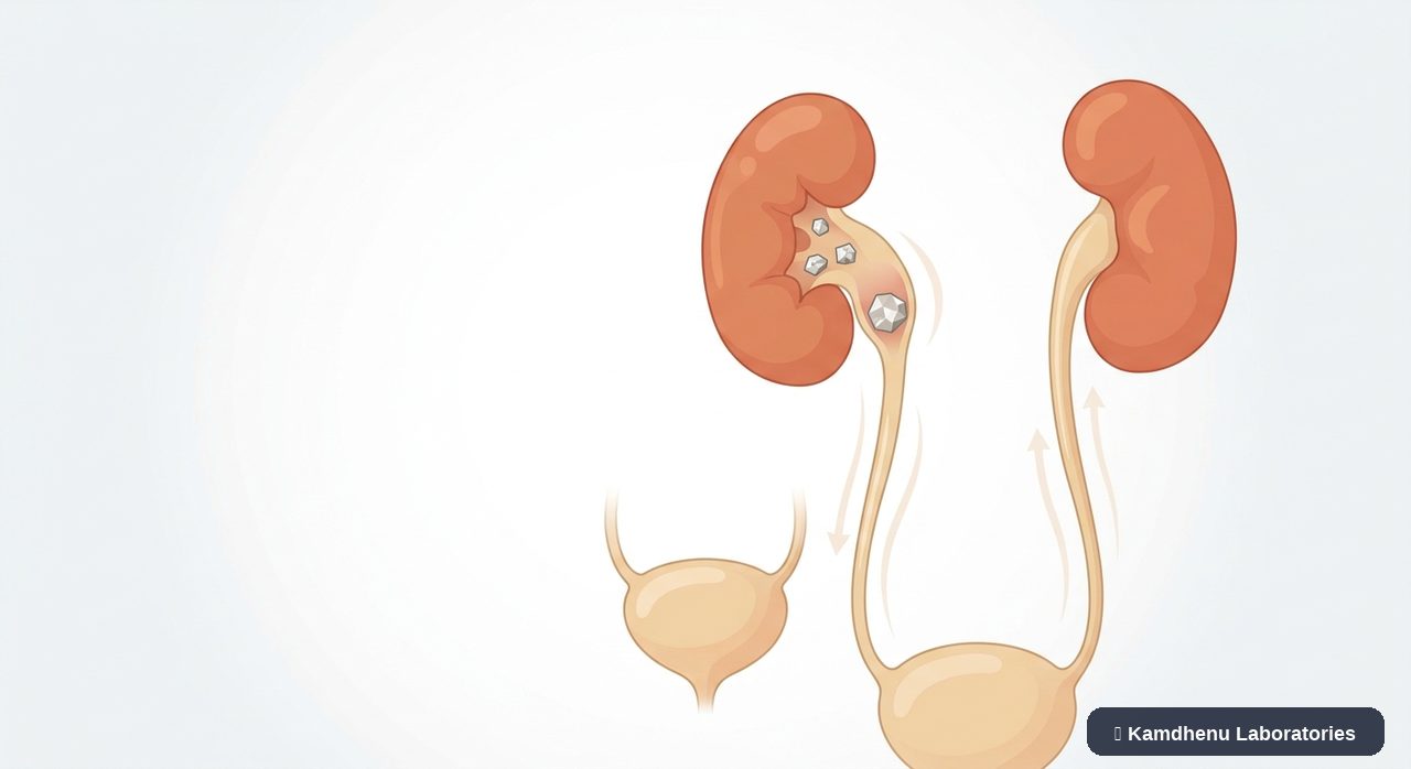 Editorial illustration representing Renal colic for the Kamdhenu Laboratories educational wellness blog.