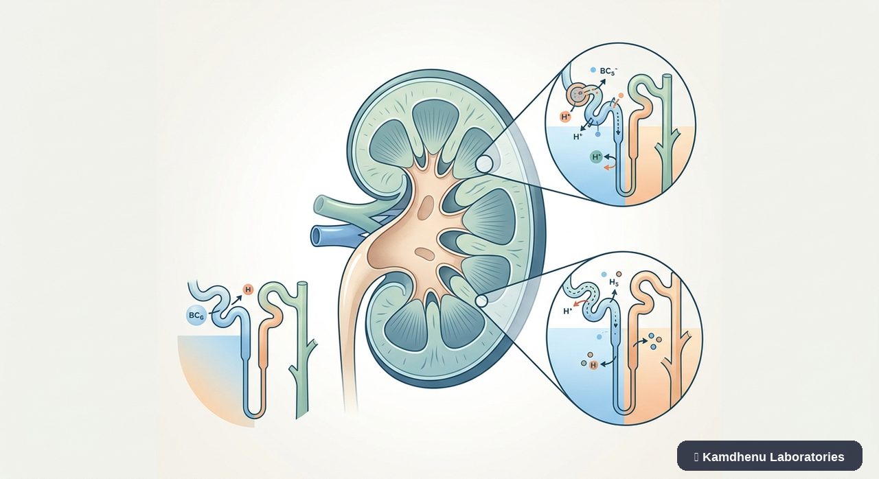 Editorial illustration representing Renal tubular acidosis for the Kamdhenu Laboratories educational wellness blog.