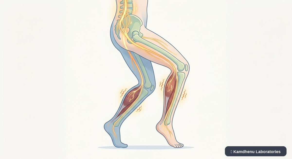 Editorial illustration representing Restless legs syndrome for the Kamdhenu Laboratories educational wellness blog.