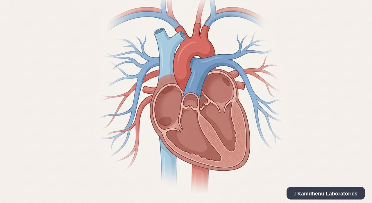 Editorial illustration representing Restrictive cardiomyopathy for the Kamdhenu Laboratories educational wellness blog.