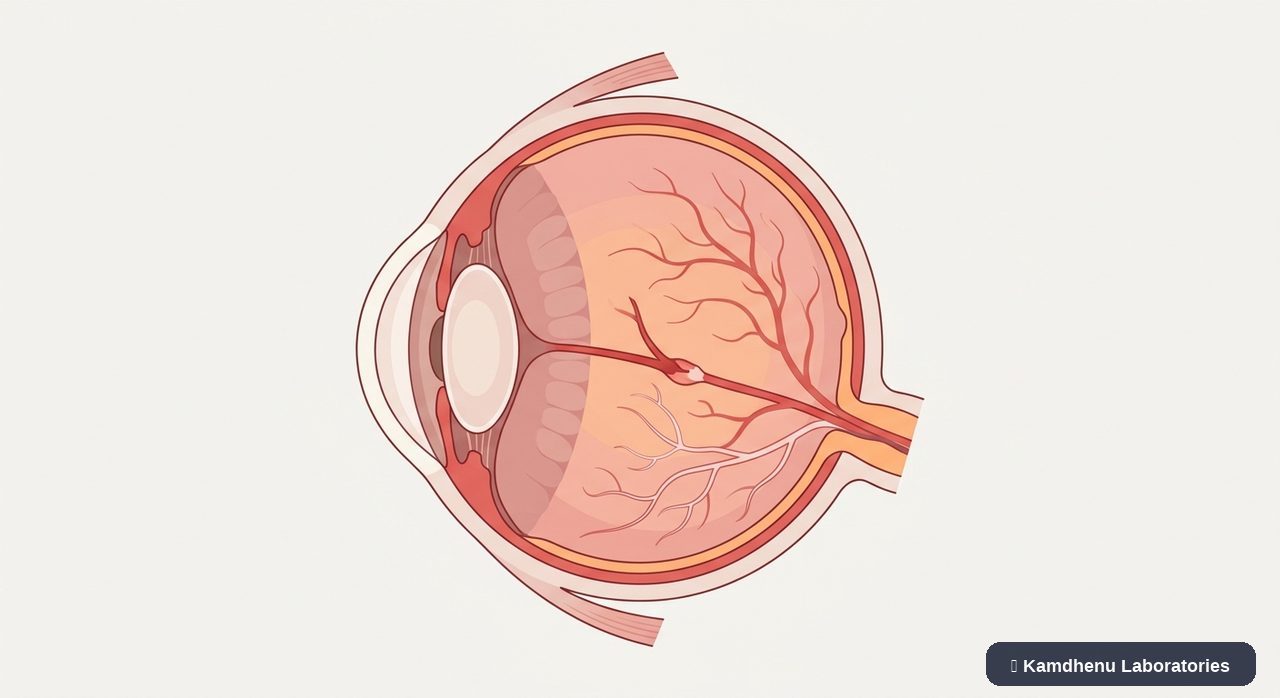 Editorial illustration representing Retinal artery occlusion for the Kamdhenu Laboratories educational wellness blog.