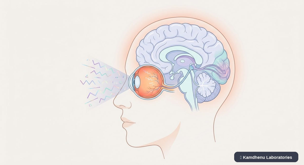 Editorial illustration representing Retinal migraine for the Kamdhenu Laboratories educational wellness blog.