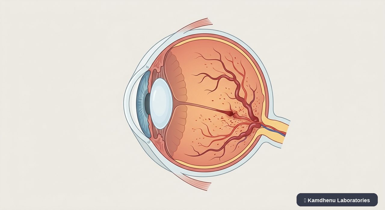 Editorial illustration representing Retinal vein occlusion for the Kamdhenu Laboratories educational wellness blog.