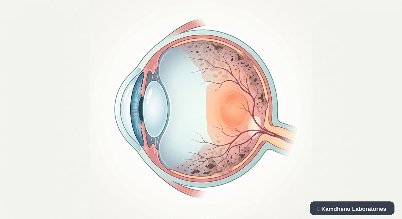 Editorial illustration representing Retinitis pigmentosa for the Kamdhenu Laboratories educational wellness blog.