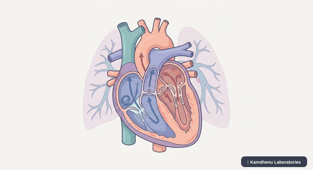 Editorial illustration representing Rheumatic heart disease for the Kamdhenu Laboratories educational wellness blog.