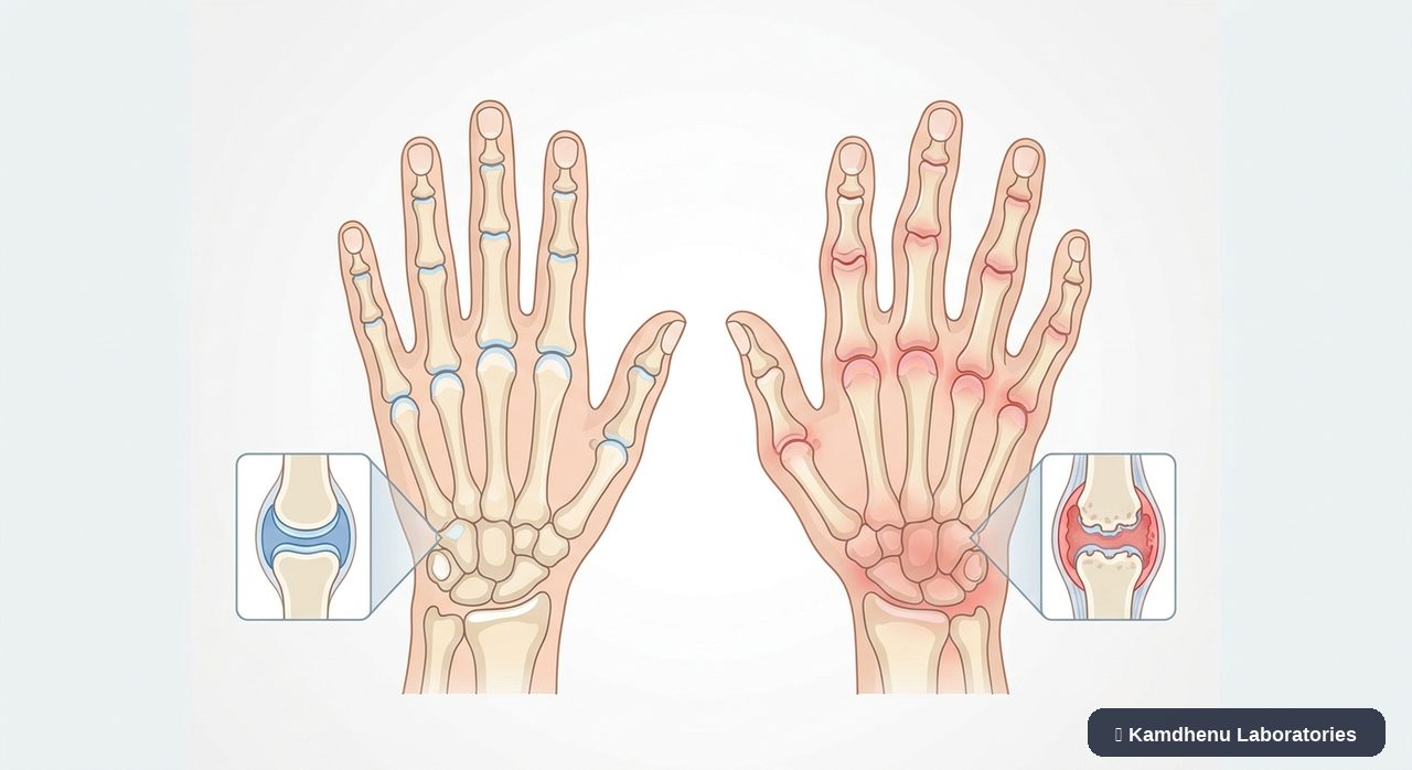 Editorial illustration representing Rheumatoid arthritis for the Kamdhenu Laboratories educational wellness blog.