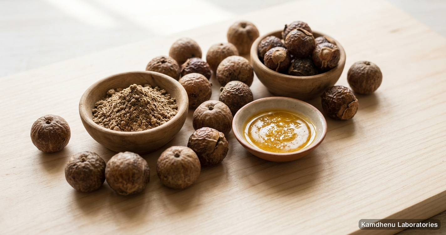 Ritha Powder — Ayurvedic powder containing amla. Clean product photograph on a soft light background.