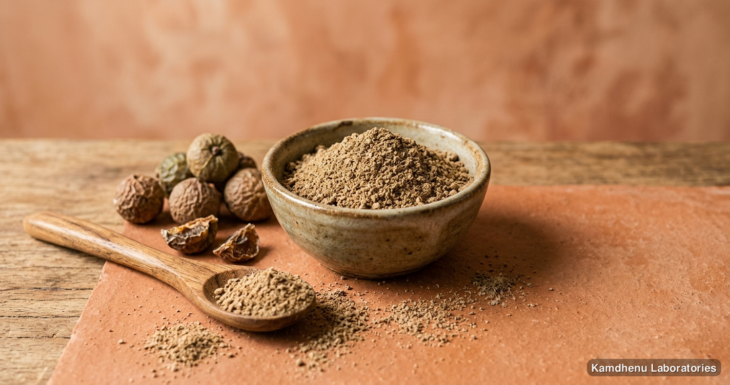 Ayurvedic powder — Ritha Powder featuring amla, photographed in a wellness setting