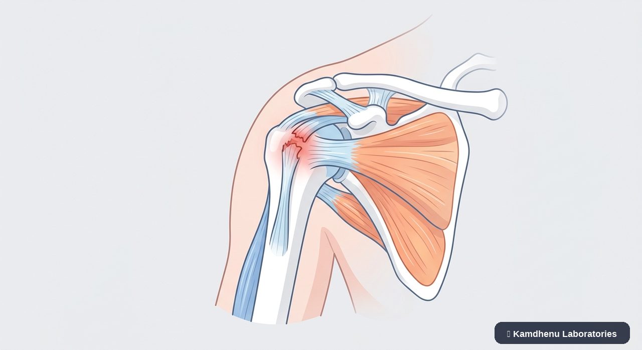 Editorial illustration representing Rotator cuff injury for the Kamdhenu Laboratories educational wellness blog.