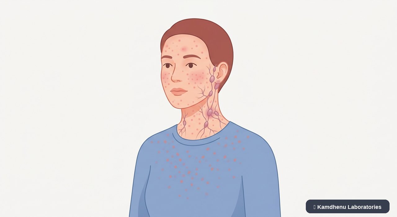 Editorial illustration representing Rubella for the Kamdhenu Laboratories educational wellness blog.