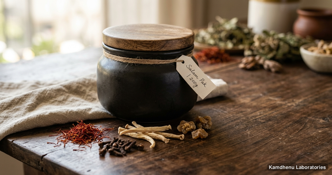 Ayurvedic product — Salam Pak | 200g featuring kesar, laung, safed musli, photographed in a wellness setting