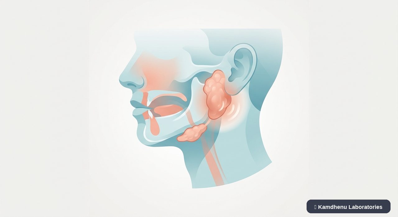 Editorial illustration representing Salivary gland infection for the Kamdhenu Laboratories educational wellness blog.