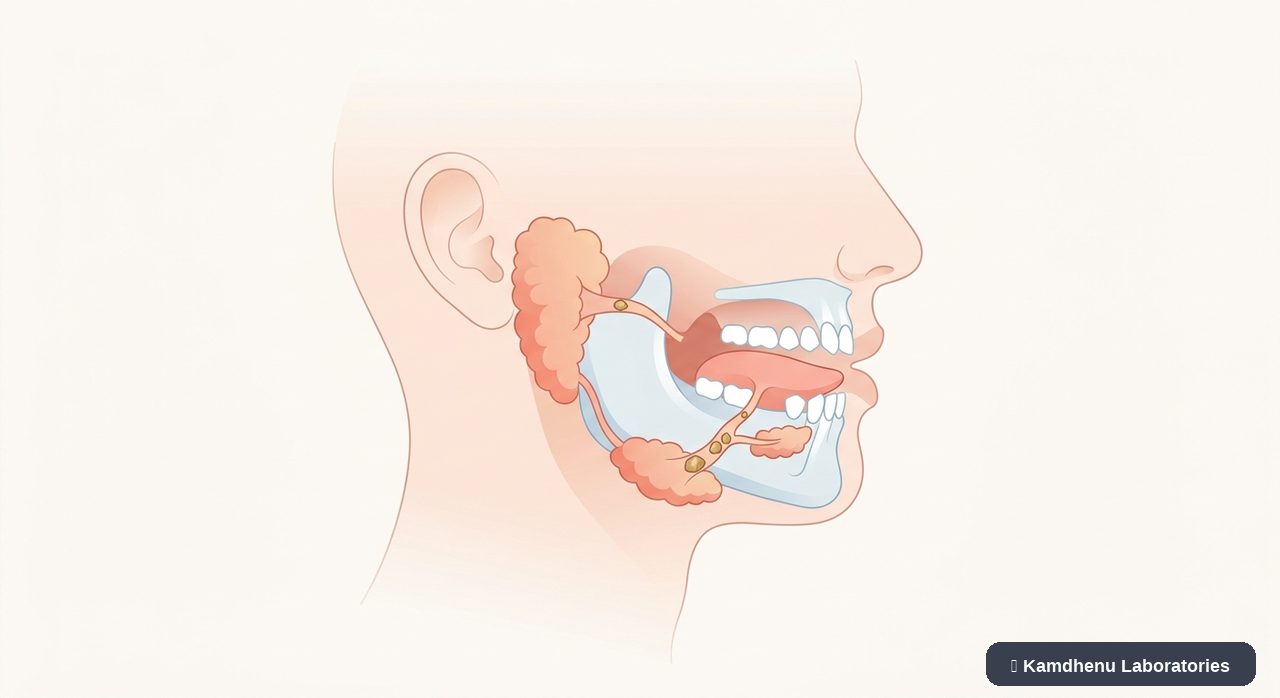 Editorial illustration representing Salivary gland stones for the Kamdhenu Laboratories educational wellness blog.