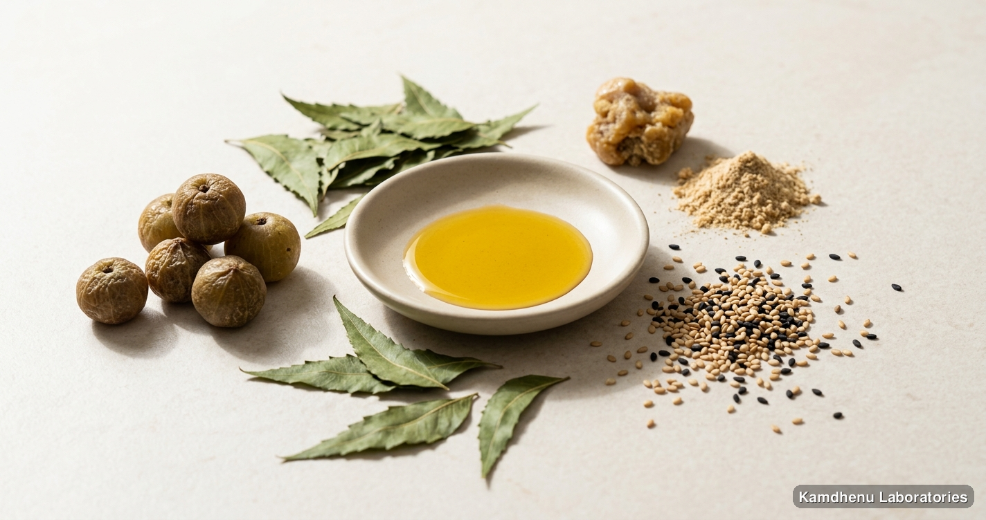 Saptgun Taila | 100 ml — Ayurvedic oil containing neem, amla, sesame. Clean product photograph on a soft light background.