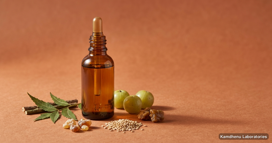 Ayurvedic oil — Saptgun Taila | 100 ml featuring neem, amla, sesame, photographed in a wellness setting