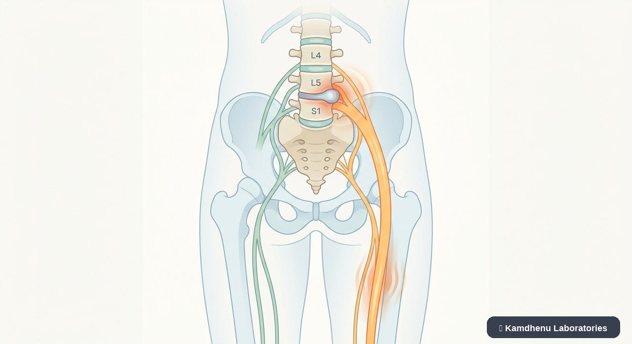 Editorial illustration representing Sciatica for the Kamdhenu Laboratories educational wellness blog.