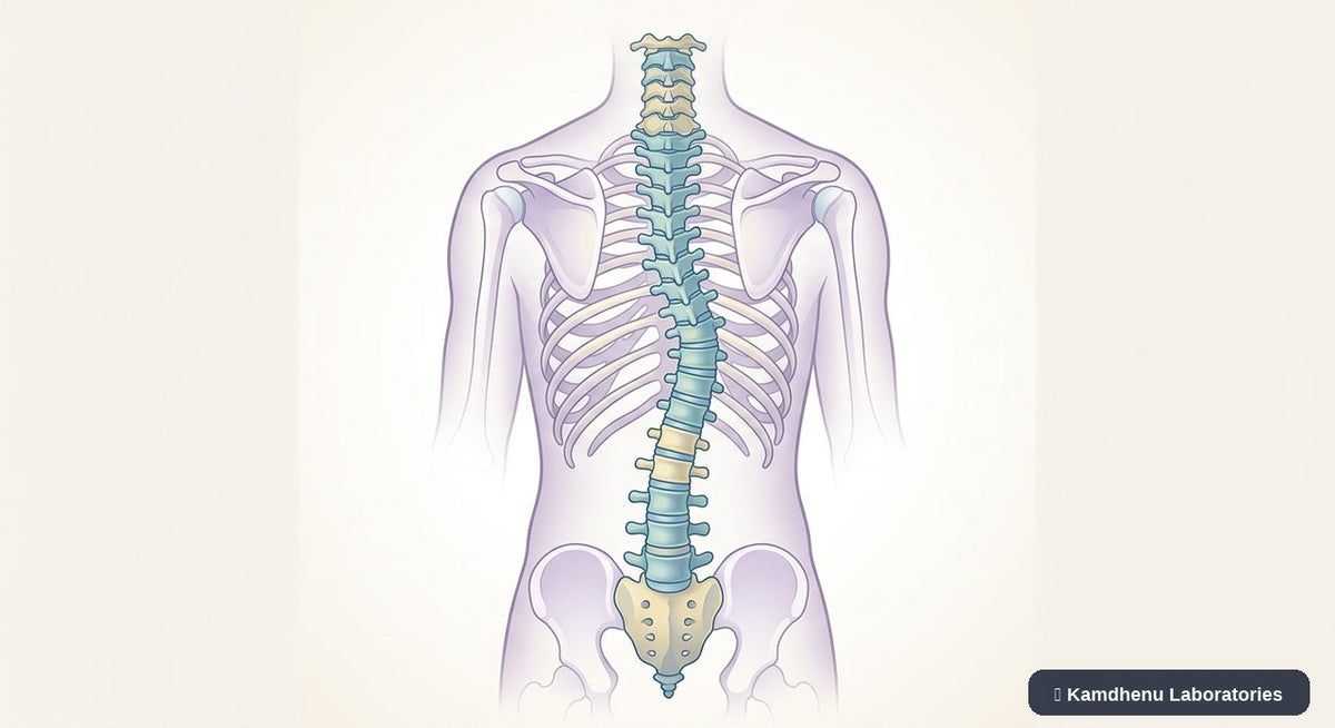 Editorial illustration representing Scoliosis for the Kamdhenu Laboratories educational wellness blog.