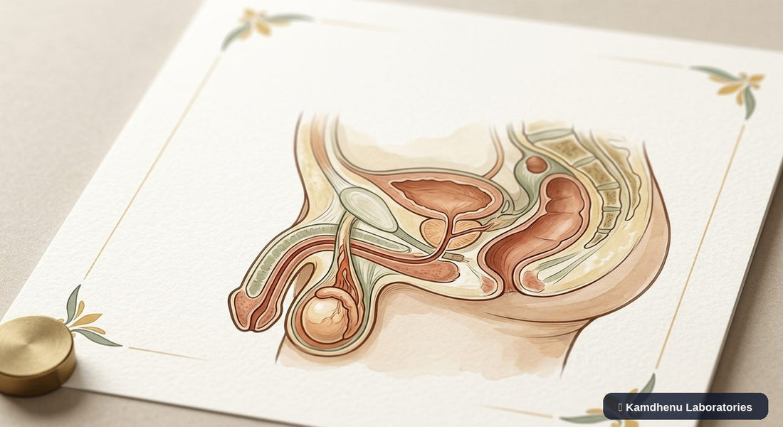 Editorial illustration representing Scrotal swelling for the Kamdhenu Laboratories educational wellness blog.