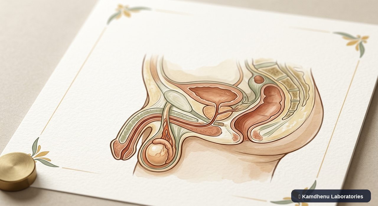 Editorial illustration representing Scrotal swelling for the Kamdhenu Laboratories educational wellness blog.
