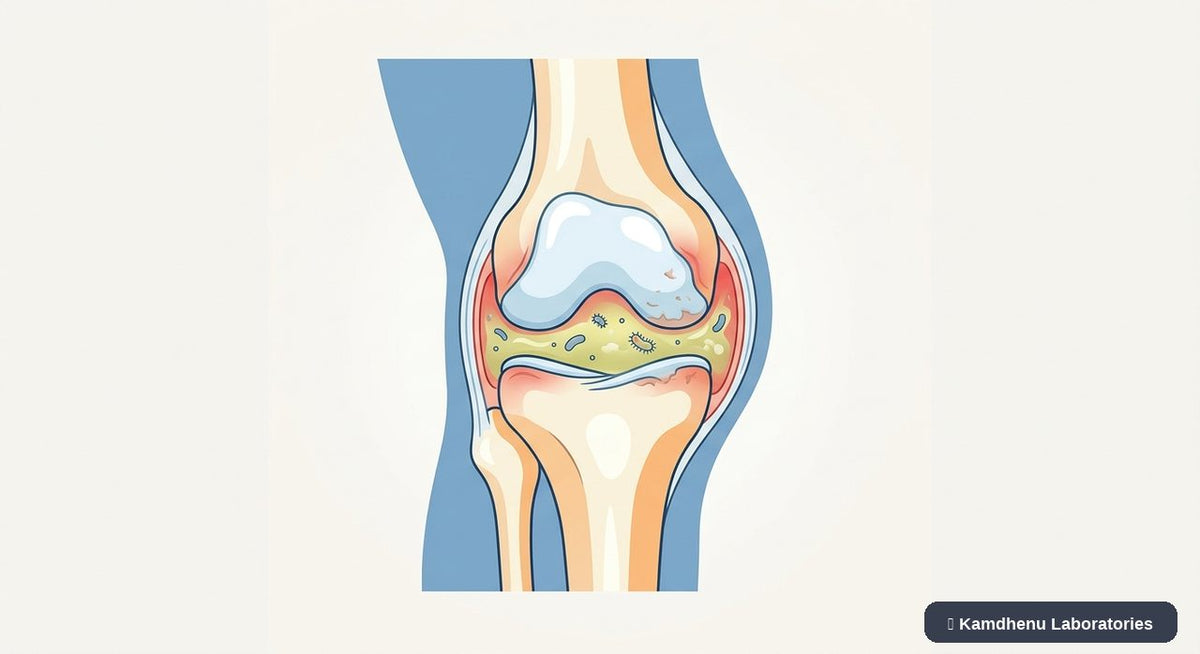 Editorial illustration representing Septic arthritis for the Kamdhenu Laboratories educational wellness blog.