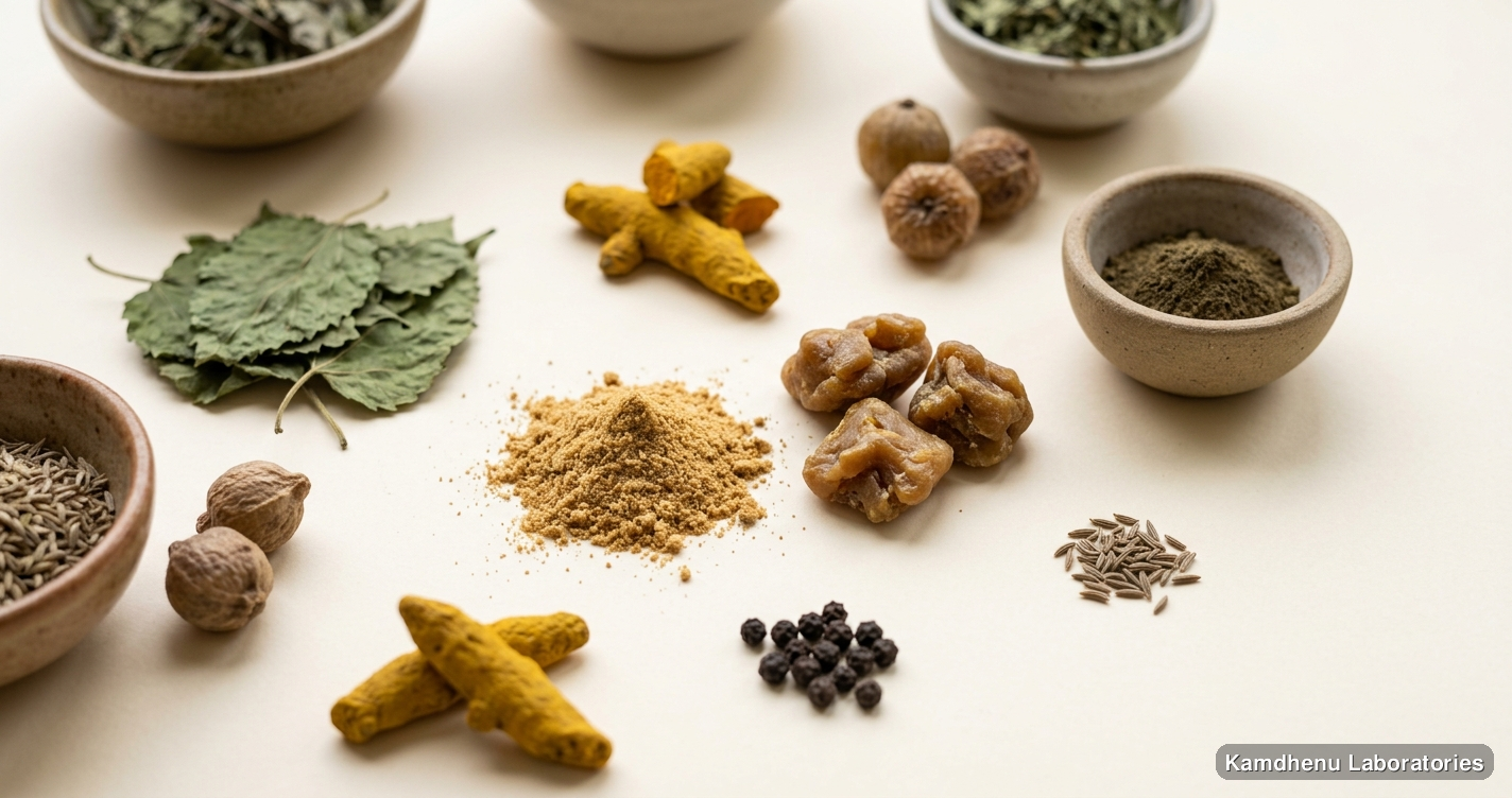 Shahtut Patta Powder | (250 g) — Ayurvedic powder containing hing. Clean product photograph on a soft light background.